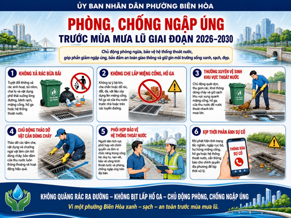 TRUNG TÂM DỊCH VỤ TỔNG HỢP PHƯỜNG BIÊN HÒA TRIỂN KHAI CÁC BIỆN PHÁP PHÒNG CHỐNG NGẬP ÚNG TRƯỚC MÙA MƯA LŨ GIAI ĐOẠN 2026-2030 TRÊN ĐỊA BÀN PHƯỜNG BIÊN HÒA