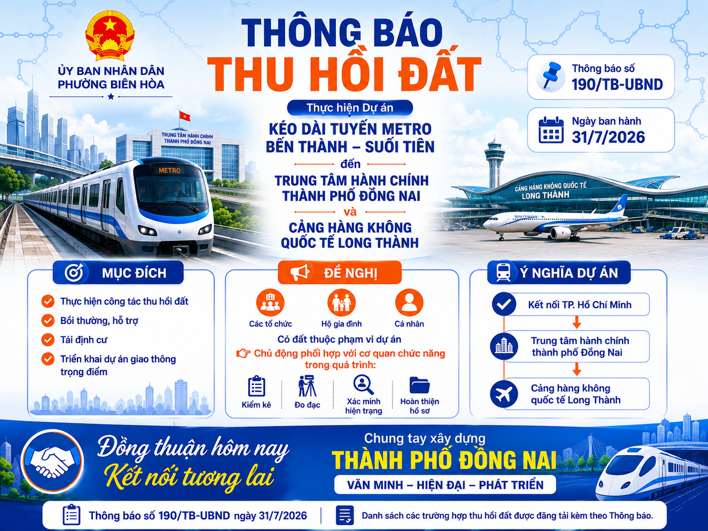 UBND PHƯỜNG BIÊN HÒA THÔNG BÁO THU HỒI ĐẤT THỰC HIỆN DỰ ÁN KÉO DÀI TUYẾN METRO BẾN THÀNH – SUỐI TIÊN ĐẾN TRUNG TÂM HÀNH CHÍNH THÀNH PHỐ ĐỒNG NAI VÀ CẢNG HÀNG KHÔNG QUỐC TẾ LONG THÀNH