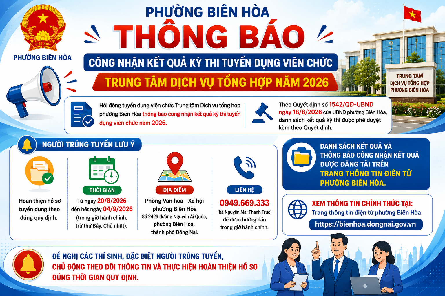 PHƯỜNG BIÊN HÒA THÔNG BÁO CÔNG NHẬN KẾT QUẢ KỲ THI TUYỂN DỤNG VIÊN CHỨC TRUNG TÂM DỊCH VỤ TỔNG HỢP NĂM 2026